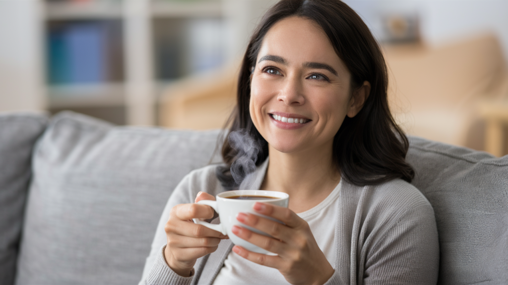 A happy mom who is relieved because she bought a Sunpenny Laundry Pod Storage Container and she knows her young kids are safe from toxic laundry pods.