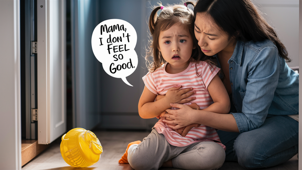 Mom is hugging young daughter because the little girl ate a Tide Pod and is very sick. Her mom is very worried.